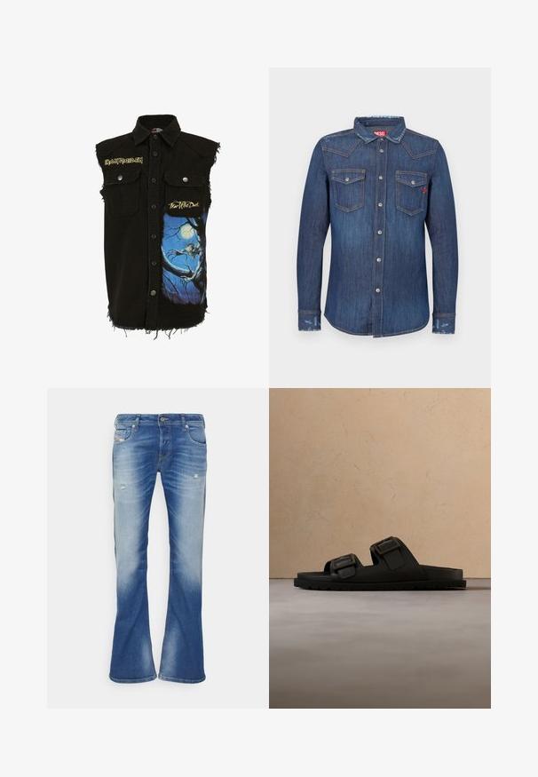 Chaleco de mezclilla negro sin mangas que presenta dos bolsillos en el pecho, botones en la parte delantera y un estampado gráfico azul de una criatura en el lado izquierdo. Bordes deshilachados.; Camisa de mezclilla azul oscuro con mangas largas, cuello puntiagudo, dos bolsillos en el pecho, cierres con botones plateados y sutiles detalles desgastados.; Vaqueros bootcut desgastados en azul con ligero desgarro en los muslos delanteros y diseño clásico de cinco bolsillos sobre fondo blanco.; Sandalia de diapositivas negra con dos hebillas ajustables plateadas, descansando sobre una alfombra beige texturizada, cerca de una mesa de café redonda de madera con libros apilados.