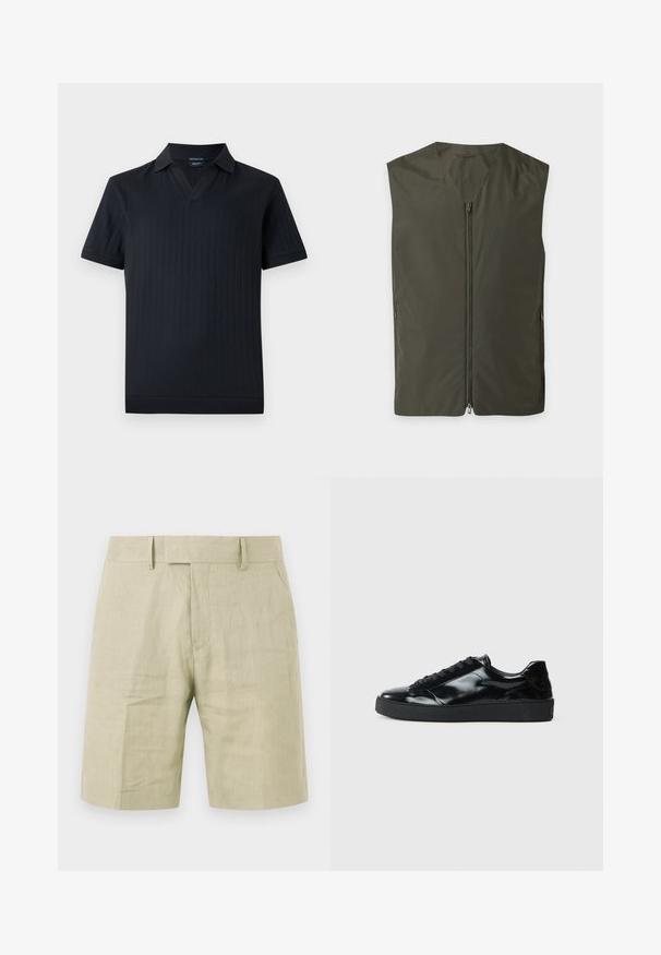 Veste sans manches vert foncé avec une fermeture éclair frontale et deux fermetures éclair latérales, posée à plat sur un fond clair.; Polo tricoté noir à manches courtes avec rayures verticales texturées, ouverture en V et col plat sur un fond gris clair.; Shorts en lin beige mi-genoux avec passants pour ceinture, poches latérales et fermeture éclair à l'avant, présentés sur un fond blanc.; Baskets en cuir verni noir avec un bout arrondi, un laçage, une semelle en caoutchouc texturé et une finition lisse.