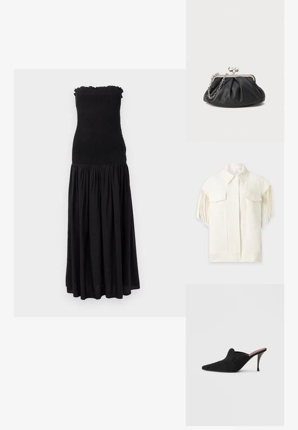 Veste blanche à manches courtes avec col pointu, poches à rabat à l'avant et longues franges le long des manches.; Robe maxi noire avec un corsage smocké, un bord supérieur volanté et une jupe fluide. Le tissu semble léger avec une texture subtile.; Mule noir à talon haut avec bout pointu, tissu doux à texture froncée sur le devant et talon aiguille fin.; Porte-monnaie en cuir noir avec texture froncée, cadre en métal argenté, fermeture à verrouillage kiss-lock et bandoulière en chaîne. Surface lisse et douce.