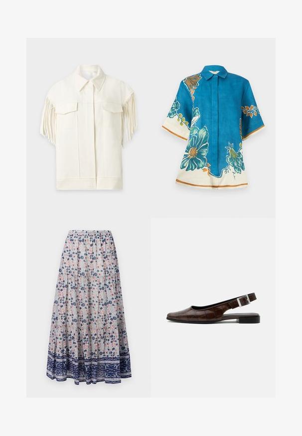 Witte korte mouwen jas met puntkraag, flapzakken aan de voorkant en lange franjes langs de mouwen.; Blauwe blouse met korte mouwen, grote turkooise en oranje bloemenprints en crèmekleurige bies aan mouwen en zoom, knoopsluiting aan de voorkant en puntkraag.; Florale maxi rok met een grijze achtergrond, versierd met roze en blauwe bloemen, gelaagd ontwerp en een marineblauwe patroonrand. Elastische tailleband.; Donkerbruine leren slingback platte schoen met een vierkante neus, krokodillenstructuur en zilveren gesp op de band.