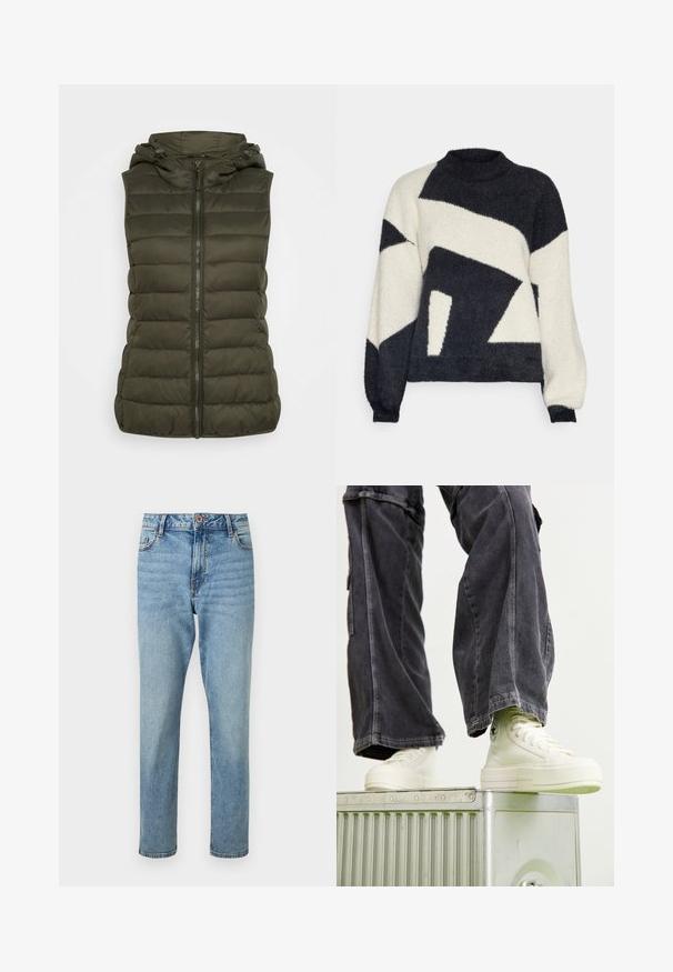 ONLY ONLNEWTAHOE HOOD - Chaleco - forest night; Jersey de punto con patrones geométricos en negro y crema, texturizado, que presenta un cuello alto y mangas largas.; Vaqueros azul claro de tiro alto y pierna recta con cierre frontal de botón y cremallera, bolsillos delanteros y sutiles detalles descoloridos.; Zapatillas de deporte altas en lona color crema con suelas de goma, costuras detalladas y un logo circular, combinadas con pantalones cargo de pierna ancha en gris oscuro.