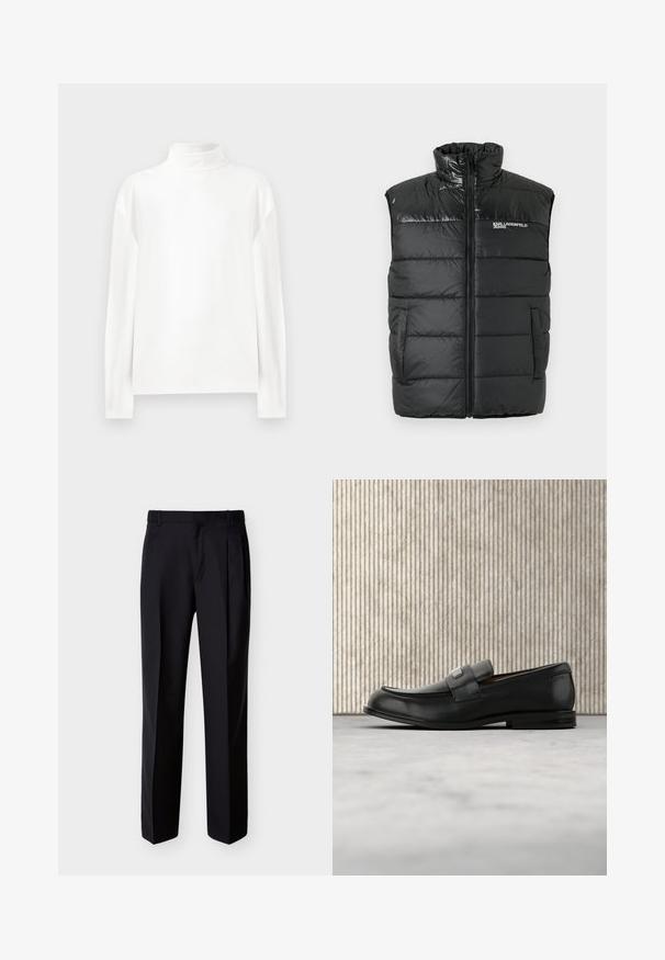 Gilet en duvet noir avec col montant, fermeture éclair sur le devant et sections matelassées. Comprend des poches latérales discrètes et un logo sur la poitrine gauche.; Haut à manches longues blanc en col roulé avec une texture lisse, présentant un col haut et des coutures d'épaule tombantes pour un ajustement décontracté.; Pantalon noir ajusté à coupe droite, avec un devant plissé et des poches latérales. Confectionné dans un tissu lisse et léger à motif uni.; Mocassin en cuir noir avec une plaque de marque en métal reposant près d'une table ronde marron sur un sol recouvert de moquette beige.