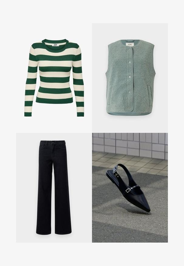 Lysegrøn, ærmeløs vest lavet af struktureret fleece med rund halsudskæring, knaplukning og to sidelommer.; Grøn- og cremefarvet striped, ribbet langærmet trøje med rund halsudskæring og tætsiddende facon, med kontrasterende strikstruktur.; Bredde ben sorte denim jeans med høj talje, der har standardlommer og knaplukning. Glat tekstur med en let stræk.; Sort flad slingback med spids tå og dobbelte spænder, hvilende på grå asfalt nær flisevæg.