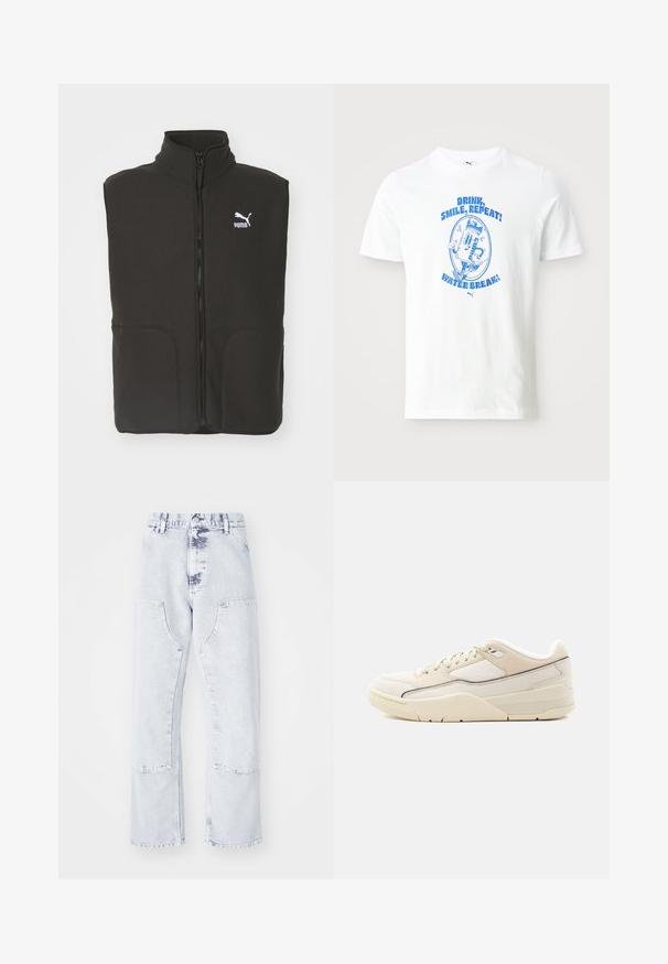 Sort fleece vest med høj krave, to forlommer og en central lynlås. Har et hvidt Puma-logo på venstre bryst.; Hvid bomulds t-shirt med et blåt grafisk design med teksten: "DRIK, SMIL, GENTAG!" og "VANDPAUSE!" i sjov skrifttype. Korte ærmer.; Lys blå denim straight-leg jeans med patchlommer, høj talje og en falmet overflade. Har tonede syninger og en afslappet pasform.; Lavtopet sneaker i cremefarve med beige accenter, snørelukning, polstret krave og tekstureret sål på en ensartet lys baggrund.