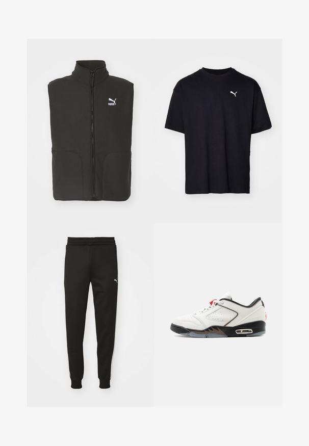Chaleco de forro polar negro con cuello alto, dos bolsillos frontales y un zipper central. Presenta un logo blanco de Puma en el lado izquierdo del pecho.; Camiseta de algodón negra de manga corta, con escote redondo y un logo blanco de Puma en la parte superior izquierda del pecho. Corte clásico, textura suave.; Pantalones deportivos negros con un ajuste entallado, cinturilla elástica, bolsillos laterales y rayas blancas en los lados. Presenta un pequeño logo en el muslo izquierdo.; Zapatilla deportiva baja blanca, negra y roja con cuero perforado y suela translúcida vista de perfil sobre fondo blanco.