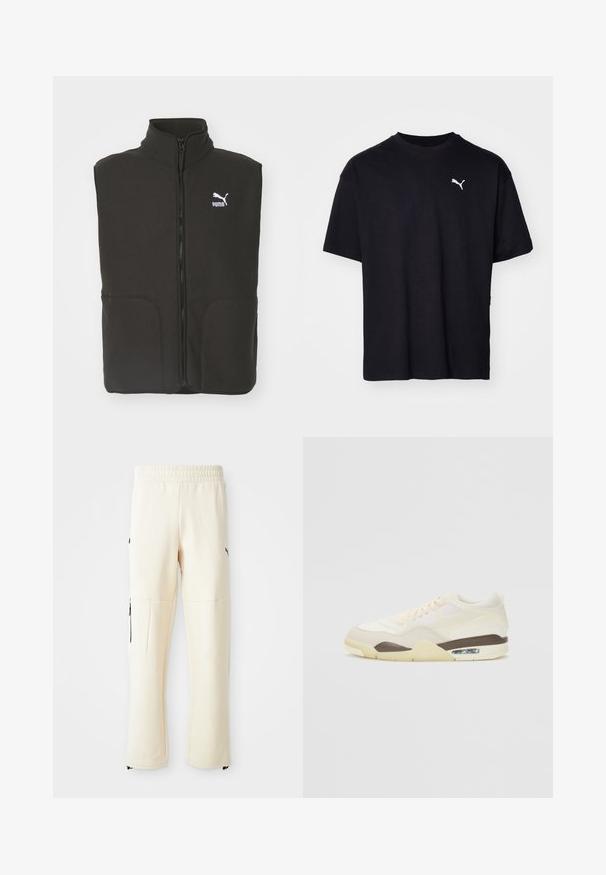 Chaleco de forro polar negro con cuello alto, dos bolsillos frontales y un zipper central. Presenta un logo blanco de Puma en el lado izquierdo del pecho.; Camiseta de algodón negra de manga corta, con escote redondo y un logo blanco de Puma en la parte superior izquierda del pecho. Corte clásico, textura suave.; Pantalones de chándal de color beige claro, hechos de un tejido suave. Presentan un logo negro, bolsillos laterales con cremalleras y un corte relajado.; Zapatilla con una parte superior crema que combina texturas de malla y lisas, un acento marrón, suela en un tono amarillo claro y amortiguación de aire visible en el talón.