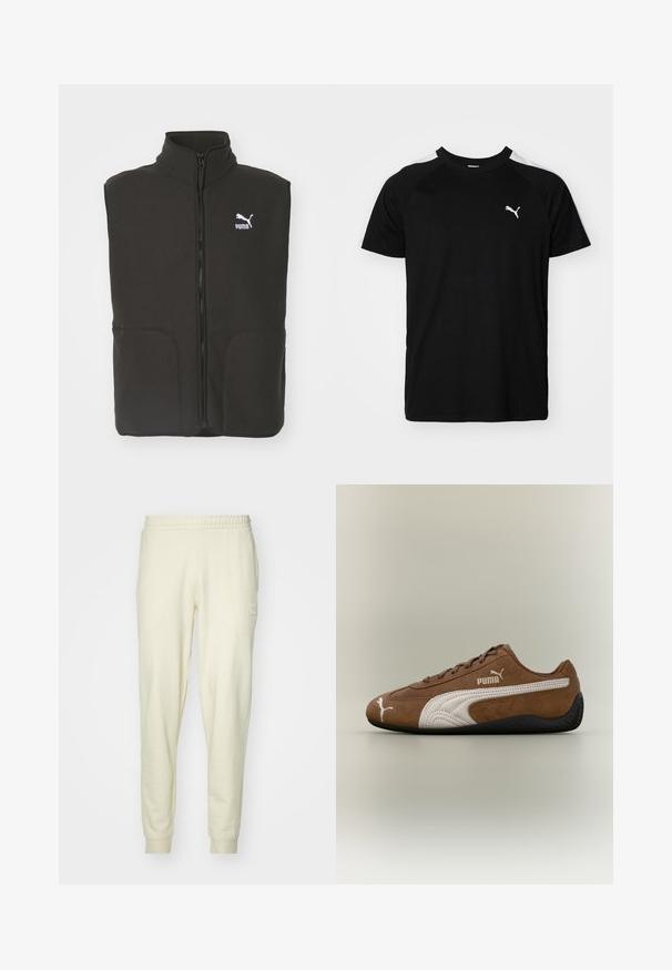 Chaleco de forro polar negro con cuello alto, dos bolsillos frontales y un zipper central. Presenta un logo blanco de Puma en el lado izquierdo del pecho.; Camiseta negra de manga corta con franjas blancas en los hombros, escote redondo y pequeño logo blanco en el lado izquierdo del pecho. Tejido suave, corte clásico.; Pantalones de chándal color crema hechos de una tela suave, con cintura elástica y puños. Presenta un pequeño emblema en la cadera izquierda.; Zapatilla de ante marrón con detalles en blanco y diseño texturizado. Cuenta con una suela de goma negra y un prominente logo de Puma en el lateral.