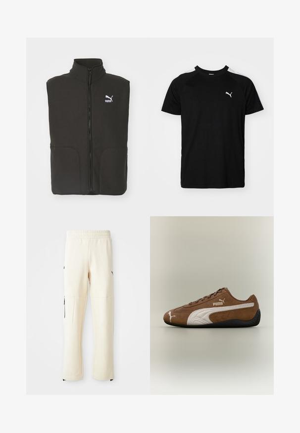Chaleco de forro polar negro con cuello alto, dos bolsillos frontales y un zipper central. Presenta un logo blanco de Puma en el lado izquierdo del pecho.; Camiseta negra de manga corta con franjas blancas en los hombros, escote redondo y pequeño logo blanco en el lado izquierdo del pecho. Tejido suave, corte clásico.; Pantalones de chándal de color beige claro, hechos de un tejido suave. Presentan un logo negro, bolsillos laterales con cremalleras y un corte relajado.; Zapatilla de ante marrón con detalles en blanco y diseño texturizado. Cuenta con una suela de goma negra y un prominente logo de Puma en el lateral.
