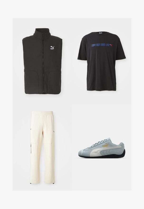Chaleco de forro polar negro con cuello alto, dos bolsillos frontales y un zipper central. Presenta un logo blanco de Puma en el lado izquierdo del pecho.; Camiseta de algodón negra con una franja horizontal azul con la palabra "PUMA" y un logo rojo de un puma saltando en el frente. Manga corta.; Pantalones de chándal de color beige claro, hechos de un tejido suave. Presentan un logo negro, bolsillos laterales con cremalleras y un corte relajado.; Zapatilla de ante azul claro con detalles en blanco, diseño texturizado en los laterales, suela de goma negra y logo dorado. Diseñada para uso casual.
