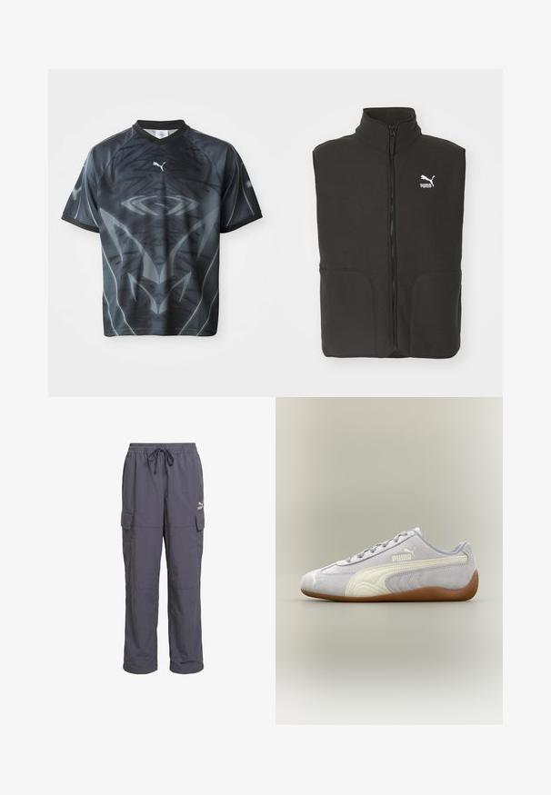 Zwarte fleece bodywarmer met een hoge kraag, twee voorzakken en een centrale rits. Heeft een wit Puma-logo op de linkerborst.; Korte mouwen zwart en grijs sportshirt met een tribal-achtige patronen en een klein wit Puma-logo op de voorkant.; Donkergrijze loszittende cargobroek met elastische tailleband, trekkoord en klepzakken aan de zijkanten, met een Puma-logo op de rechterdij.; Lichtgrijze Puma suède sneaker met witte streepdetail en rubberen zool, gezien vanaf de buitenkant tegen een neutrale achtergrond.