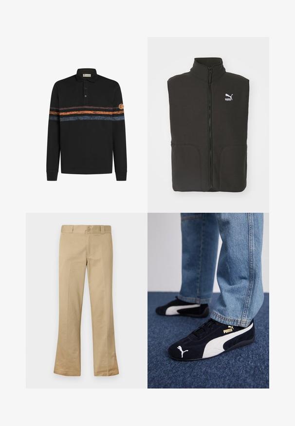 Zwarte fleece bodywarmer met een hoge kraag, twee voorzakken en een centrale rits. Heeft een wit Puma-logo op de linkerborst.; Zwarte polo met lange mouwen, gekenmerkt door een textuur met horizontale strepen in oranje en blauw, met een logopatch op de linker mouw.; Beige flarebroek gemaakt van een katoenen blend stof, voorzien van een knoopsluiting, riemlussen en een vlakke voorkant met een gladde textuur.; Zwarte suède sneakers met witte accenten, voorzien van een gouden logo. Gemaakt met lichtblauwe spijkerbroek en geplaatst op een textuur blauwe ondergrond.
