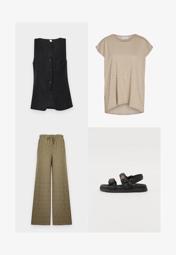 Veste noire sans manches avec trois boutons sur le devant, col en V et coupe ajustée, présentée sur un fond clair uni.; Haut en maille beige à manches courtes, coupe ample, avec un col rond et un ourlet arrière légèrement plus long.; Pantalon kaki à jambes larges avec motif à œillets, taille élastique et cordon, présenté sur un fond clair uni.; Sandales noires matelassées avec deux brides réglables, accents dorés et semelle noire texturée. Design épuré et contemporain.