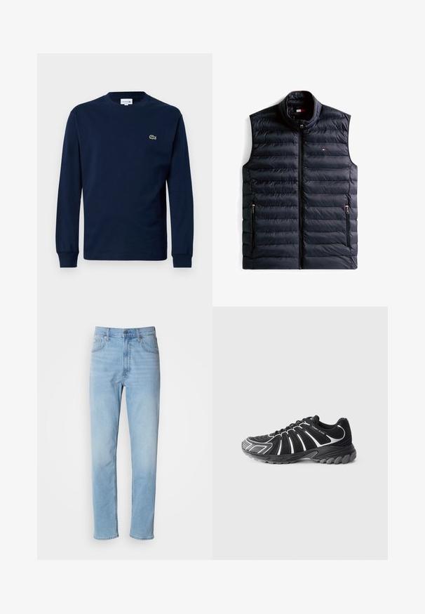 Marineblå polstret vest med vandret quiltet mønster, høj krave, lynlås foran og to sidelommer med elegante sorte lynlåse.; Marine langærmet t-shirt lavet af bomuld, med rund hals og et lille grønt krokodillelogo på venstre bryst.; Lys blå denim jeans med lige pasform, fem lommer og bæltestropper. Stoffet har en glat overflade med en let falmningseffekt.; Sort sportsko med hvide detaljer, med en tekstureret overdel, buet design og en gummisål med markante dæksler for godt greb.