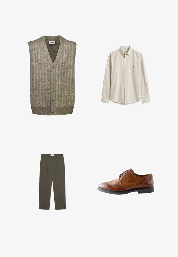 Geknöpfte, ärmellose Wollweste mit V-Ausschnitt, feinem vertikalem Muster in Beige- und Hellbrauntönen.; Beige-weiß vertikal gestreiftes Langarmhemd mit Kragen und Brusttasche, flach ausgelegt ohne Person.; Olivgrüne Hose mit vertikalen Nadelstreifen, tailliertem Bund, Falten und geradem Bein. Glatte Textur.; Brauner Herren-Brogue-Lederschuh mit Flügelkappendetail, schwarzen Schnürsenkeln und schwarzer Sohle, seitlich auf weißem Hintergrund abgebildet.