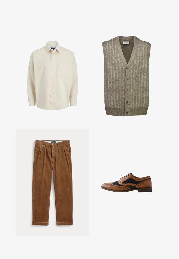 Knapåbnet uldvest uden ærmer med V-hals, subtilt lodret mønster i beige og lysebrune nuancer.; Beige corduroy skjorte med knaplukning foran, krave, lange ærmer og en enkelt brystlomme. Har smalle lodrette striber.; Brune manchesterbukser med plisseringer, forreste knap og lynlås, bæltestropper, klaplomme på venstre side og opsmøgede bukseben.; Brun læder brogue sko med navy ruskind detaljer, fine perforeringer, rund tå og en lav træhæl. Snørelukning.
