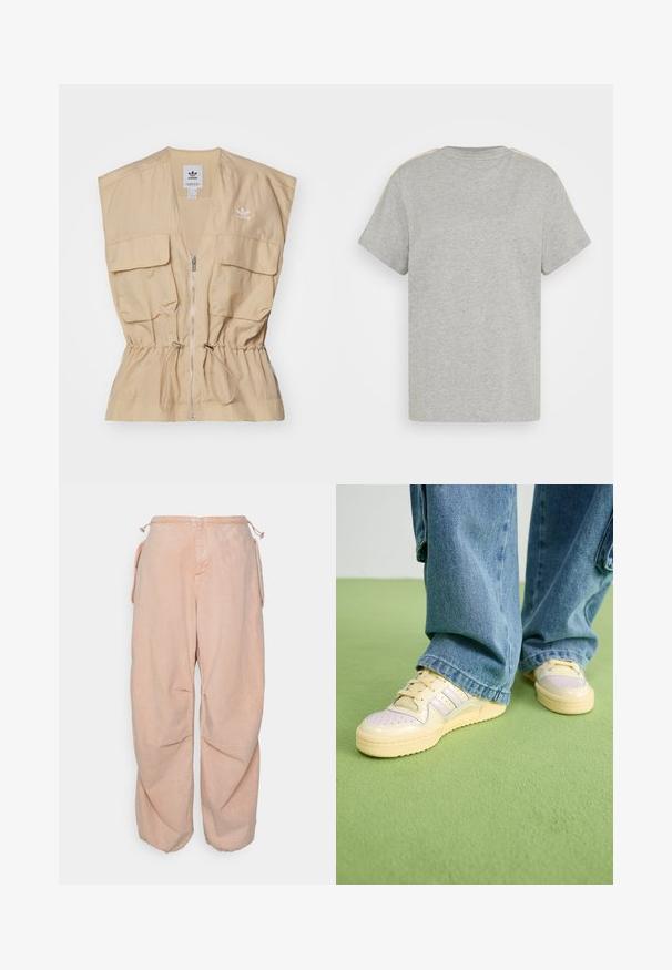 Béžová vesta s krátkymi rukávmi, s predným zipsom, elastickým sťahovacím pásom v oblasti pása a dvoma klopovými vreckami. Textúrovaná tkanina s logom.; adidas Originals SNAKETEE - Tričko s potlačou - medium grey heather; BDG Urban Outfitters BAGGY CARGO - Džínsy voľného strihu - acid pink; Tenisky s krémovým zvrškom a štruktúrovanou gumovou podrážkou, s dierkovanými detailmi a vrstvenými akcentmi v svetlomodrej a béžovej farbe.