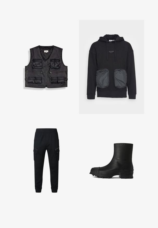 Veste utilitaire noire sans manches avec plusieurs poches zippées et à rabat, fermeture éclair à l'avant et petit logo brodé sur la poche supérieure gauche.; Sweat à capuche noir à coupe décontractée, avec deux grandes poches zippées en matériau brillant à l'avant. Petite écusson logo au-dessus des poches.; Pantalon cargo noir à coupe décontractée, confectionné dans un tissu léger. Il comporte plusieurs poches zippées et des poignets élastiques aux chevilles.; CAMPERLAB TRAKTORI - Bottines - schwarz