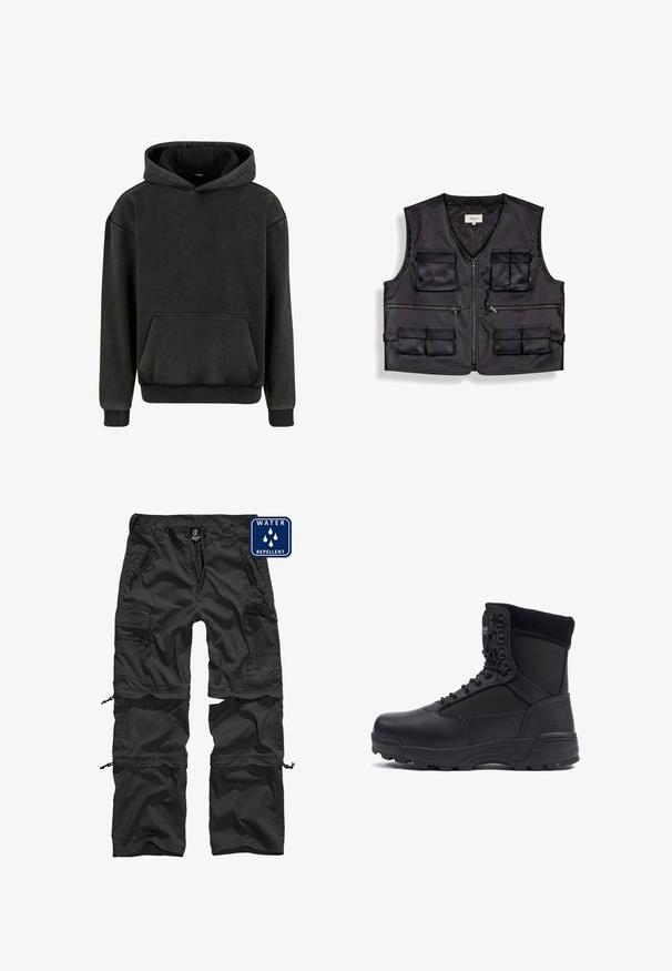 Schwarze ärmellose Utility-Weste mit mehreren Reißverschluss- und Klapptaschen, Frontreißverschluss und kleinem gesticktem Logo auf der oberen linken Tasche.; Urban Classics Kapuzenpullover - magnet; Schwarze wasserabweisende Cargo-Hose mit Reißverschlusstaschen, verstellbaren Bündchen und einem strapazierfähigen Material. Mit einem Logo am Bund.; Schwarzer taktischer Stiefel mit einem glatten Lederoberteil und Stoffpaneelen, hoher Knöchelgestaltung, schnürbarem vorderen Teil und robustem Gummisohle.