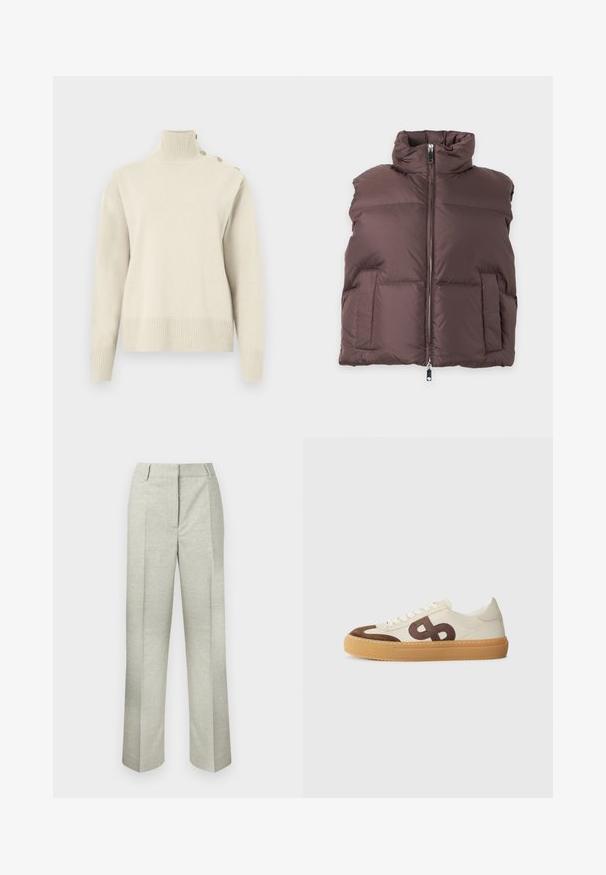 Veste sans manches matelassée marron avec un col haut et une fermeture éclair complète sur un fond clair.; Pull à col roulé côtelé beige avec manches longues et trois boutons décoratifs sur l'épaule gauche.; Pantalons plissés gris clair en tissu texturé, présentant une coupe droite et une taille plate sans fermetures visibles.; Baskets avec un dessus en toile crème, des accents en daim marron, un grand logo stylisé et une semelle en caoutchouc beige avec une texture antidérapante.