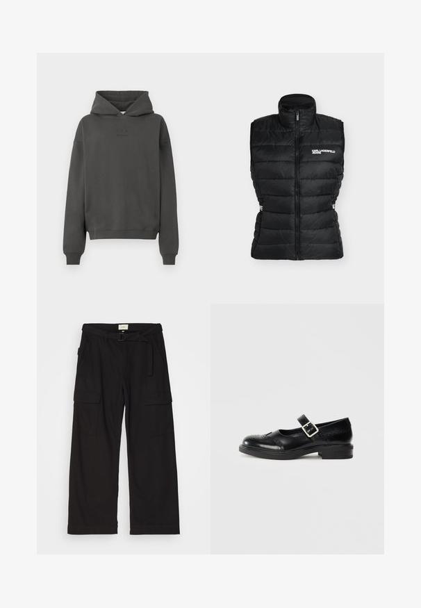 Sort quiltet ærmeløs vest med høj krave, frontlynlås og hvidt "KARL LAGERFELD JEANS" logo på brystet.; Mørkegrå hoodie lavet af blødt materiale, med snøre i hætten, ribbekantede manchetter og et diskret logo trykt på fronten.; Sorte cargo bukser lavet af bomuld, med brede ben, flere lommer, en talje med bæltet og subtile syningsdetaljer.; Sort læder Mary Jane-sko med en lav blokhæl, rund tå, dekorativ brogue-detaljering og en justerbar rem med metalspænde.