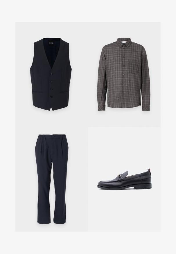 Gilet bleu marine avec un design en V, doté de six boutons et de deux poches latérales, fabriqué dans un tissu lisse et léger.; Chemise à manches longues en tartan gris foncé avec des motifs de carreaux plus clairs, fermeture à boutons et poche poitrine. Fait de tissu léger.; Pantalons bleu marine en tissu doux avec une taille élastique, présentant des plis sur le devant et un design à jambes droites.; Mocassin en cuir noir avec empeigne texturée grise, détail boucle en métal argenté, petit talon et languette à l'arrière.