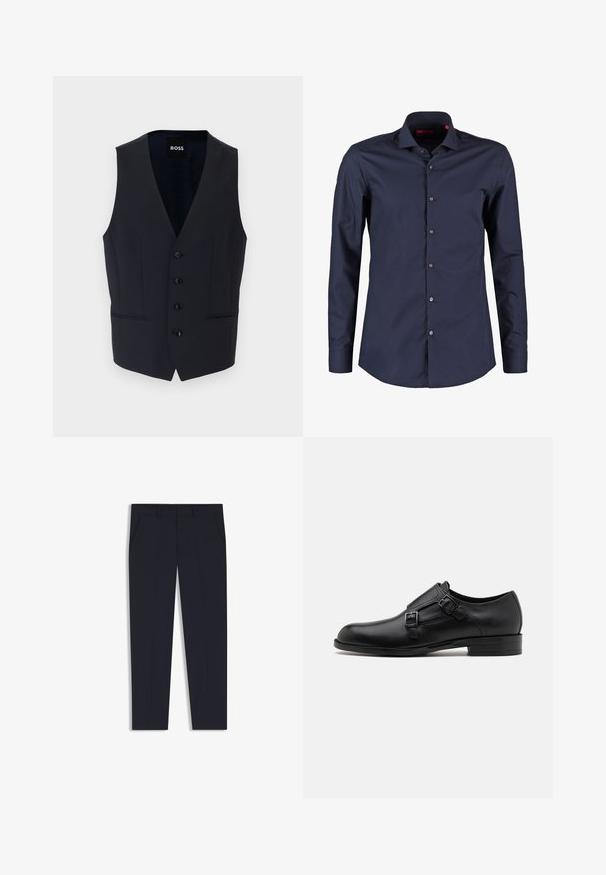 Chaleco navy con diseño de escote en V, que cuenta con seis botones y dos bolsillos laterales, fabricado con una tela suave y ligera.; Camisa de manga larga azul marino hecha de algodón suave, con un cuello estándar, botones frontales y un diseño ajustado.; Pantalones azul marino con un corte ajustado, que cuentan con dos bolsillos frontales, un diseño plano en la parte delantera y una textura suave. Sin patrones ni adornos visibles.; Zapato de vestir de cuero negro con doble hebilla, silueta elegante y punta redonda. Cuenta con un tacón bajo y una textura suave.