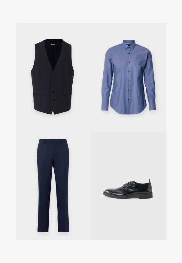 Chaleco navy con diseño de escote en V, que cuenta con seis botones y dos bolsillos laterales, fabricado con una tela suave y ligera.; Camisa azul de manga larga con cuello puntiagudo y botones negros en la parte delantera, exhibida sobre un fondo blanco.; Pantalones de corte entallado en azul marino con pasadores para cinturón, cierre frontal con cremallera y ajuste recto sobre un fondo blanco liso.; Zapato de vestir negro de cuero brillante con tacón bajo, cierre de cordones y puntera redonda, mostrado de lado sobre un fondo claro y liso.