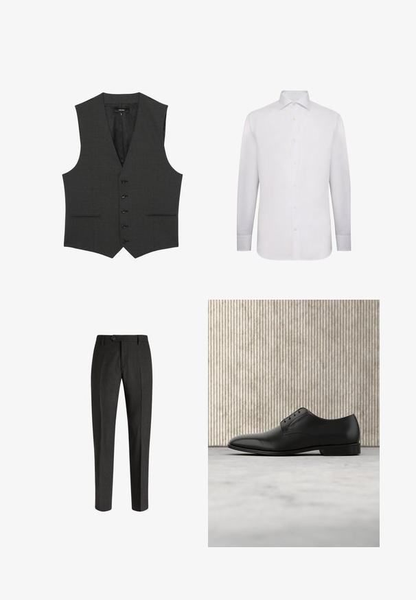 Reiss REGULAR FIT - PROMISE - Ülikonnavest - grey; Valge pika varrukaga särk, mis on valmistatud siledast kangast. Omab klassikalist kraed, täisnuppe ees ja nööbitavaid varrukaotsi. Ilma mustrite või aksessuaarideta.; Boggi Milano Chino-püksid - charcoal; Mustaline musta nahkne naiste kinga ümarate varvastega, viie silmaauguga paeltega, sileda pinnaga ja madala, tasase kontsaga.