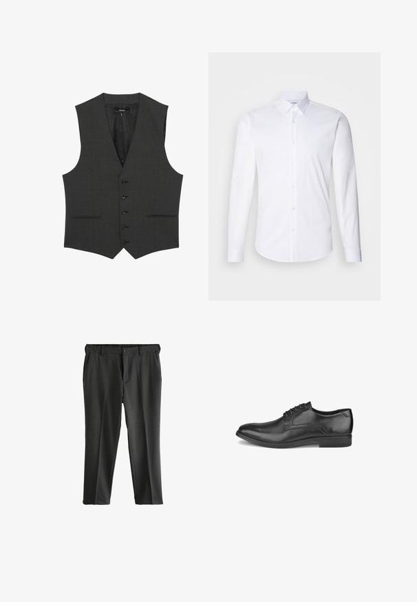 Reiss REGULAR FIT - PROMISE - Ülikonnavest - grey; Valge pika varrukaga nööbid särk, mis on valmistatud siledast puuvillakangast, klassikalise krae, nööpidega kinnituse ja kaardus äärisega.; Hallideg valmistatud hallid püksid, millel on lamedad esiosad, kaks küljetaskut ja nööbikinnitus. Sile kangas peene tekstuuriga ja pressitud voldid.; Mustast nahast meeste pidulik king, paeltega, madala kontsa ja siledalt poleeritud viimistlusega, näidatud välisküljelt.