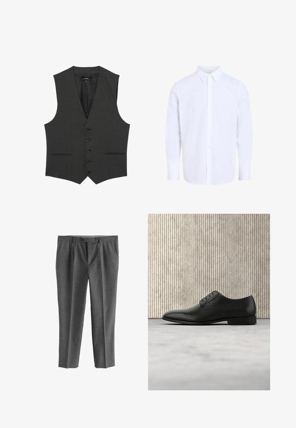 Reiss REGULAR FIT - PROMISE - Obleková vesta - grey; Biele košeľové tričko s dlhým rukávom a klasickým golierom, vyrobené z hladkej tkaniny, s predným zapínaním na gombíky a zaobleným lemom.; Sivé nohavice z textúrovaného materiálu s rovnými nohavicami, prednými vreckami a zapínaním na gombík.; Čierne kožené spoločenské topánky s okrúhlym špičkou, dizajnom na šnurovanie s piatimi dierkami, hladkým povrchom a nízkym plochým podpätkom.