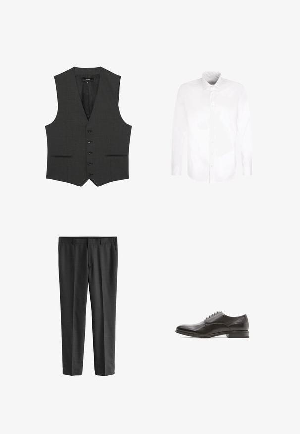 Reiss REGULAR FIT - PROMISE - Jakkesæt veste - grey; Hvid langærmet skjorte med knapper og spids krave, lagt fladt mod en hvid baggrund.; Grå skræddersyede bukser lavet af fint stof. Har lige ben, en glat tekstur og et subtilt vævemønster. Synlige forlommer.; Sorte læder dresssko med rund tå, glat overflade, seks øjer til snøring, og en flad hæl med en let glans.
