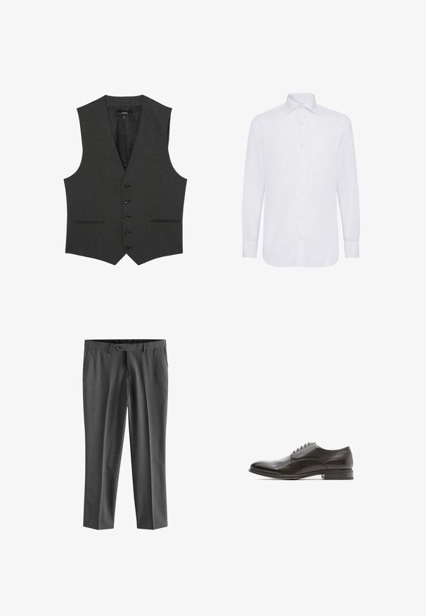 Reiss REGULAR FIT - PROMISE - Jakkesæt veste - grey; Hvid langærmet skjorte med klassisk krave, knaplukning og lige søm. Lavet af glat bomuldsstof.; Next REGULAR FIT - Habitbukser - charcoal grey; Sorte læder dresssko med rund tå, glat overflade, seks øjer til snøring, og en flad hæl med en let glans.
