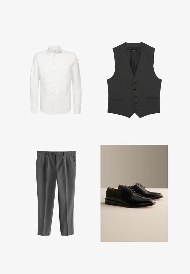 Reiss REGULAR FIT - PROMISE - Jakkesæt veste - grey; Hvid langærmet skjorte lavet af glat stof, med en klassisk krave og fuld knaplukning. Har en almindelig pasform og ingen synlige mønstre.; Grå bukser lavet af tekstureret stof, med lige ben, forlommer og knaplukning.; Par sorte læder formelle snøresko udstillet på en lys overflade med en ensfarvet beige baggrund.
