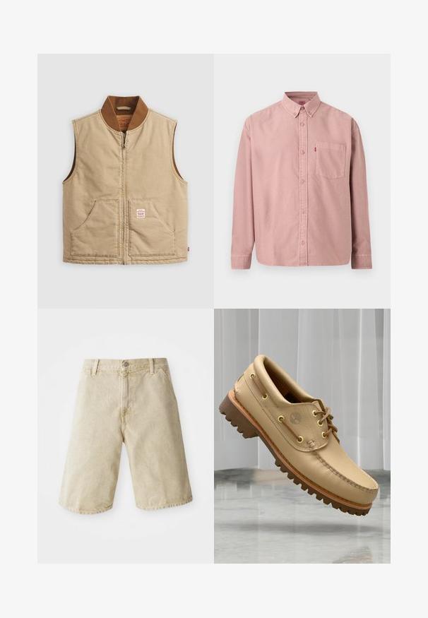 Gilet sans manches couleur beige avec col côtelé marron et deux poches avant, présentant une petite étiquette en patch sur la poche droite.; Chemise rose à manches longues avec boutons, poche avant et col boutonné, présentée sur un fond uni.; Shorts en denim beige avec une coupe droite, cinq poches, fermeture à bouton et zip à l'avant, et un léger délavage sur le tissu.; Chaussure bateau en cuir marron clair avec semelle épaisse et striée et détails de lacets, flottant au-dessus d'un sol en marbre et d'un fond de stores verticaux blancs.