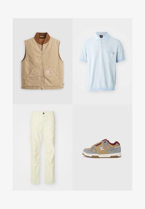 Chaleco sin mangas beige con cremallera y cuello acanalado marrón, que cuenta con dos bolsillos frontales y una pequeña etiqueta en forma de parche en el bolsillo derecho.; Camisa polo de color azul claro con tejido texturizado, tres botones, mangas cortas con puños en contraste y un bolsillo en el pecho.; Pantalones cargo beige hechos de una tela ligera, con bolsillos laterales, cierre de botón y piernas rectas. Textura suave con costuras ajustadas.; Zapatillas DC de ante y textil en tonos marrón y gris, con acentos en burdeos, logo en el lateral y suela de goma.