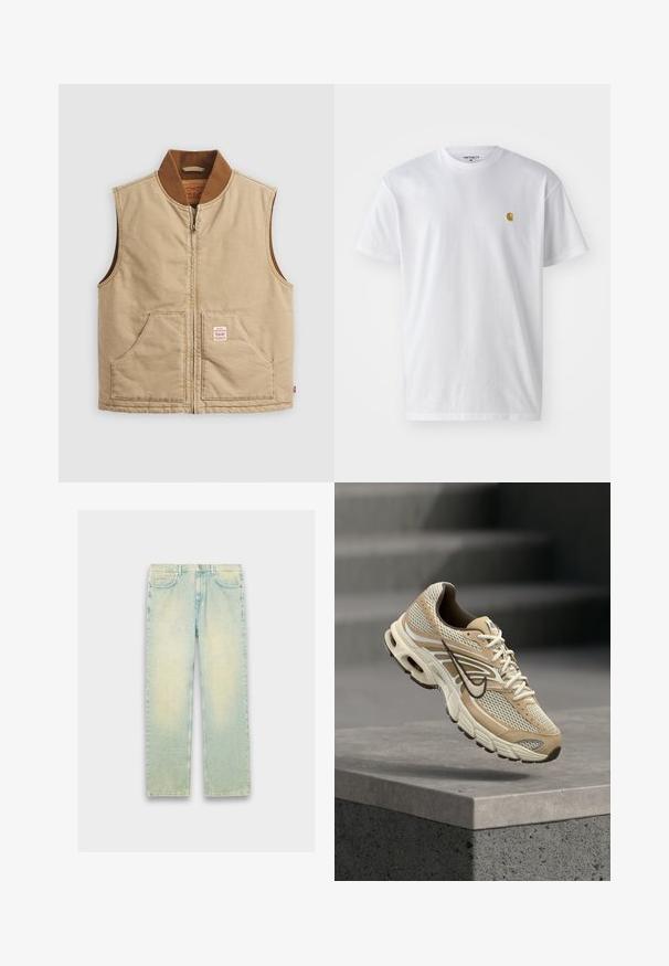 Beige ærmeløs lynlåsvest med brun ribbet krave og to frontlommer, der har et lille mærke på den højre lomme.; Hvid bomulds t-shirt med korte ærmer, rund hals og et lille guld logo på venstre brystområde. Blød tekstur og almindelig pasform.; Lyseblå denimjeans med løs pasform, fem lommer, lynlås og en slidt finish langs lår og knæ.; Beige og hvid Nike løbesko med mesh paneler og sort swoosh, der svæver over en betonkant med slørede trapper i baggrunden.