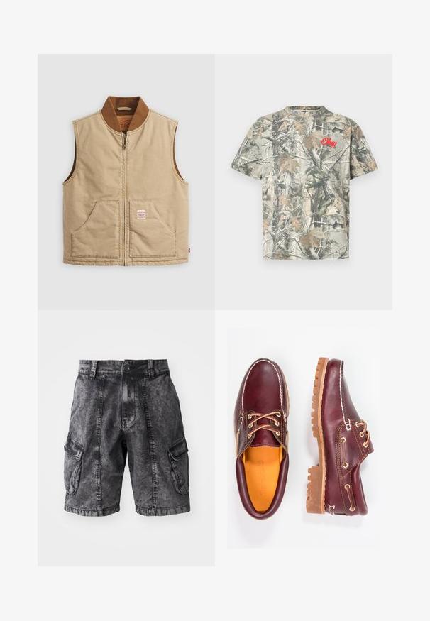 Gilet sans manches couleur beige avec col côtelé marron et deux poches avant, présentant une petite étiquette en patch sur la poche droite.; T-shirt à manches courtes et col ras du cou, présentant un imprimé camouflage aux tons terreux avec un logo "Obey" rouge brodé sur le devant.; Shorts cargo en denim noir avec une texture délavée, deux poches latérales et une fermeture à bouton. Longueur genoux avec des coutures renforcées.; Chaussures en cuir bourgogne avec semelles en caoutchouc marron, bout rond, couture blanche et œillets dorés. L'intérieur présente une doublure jaune.
