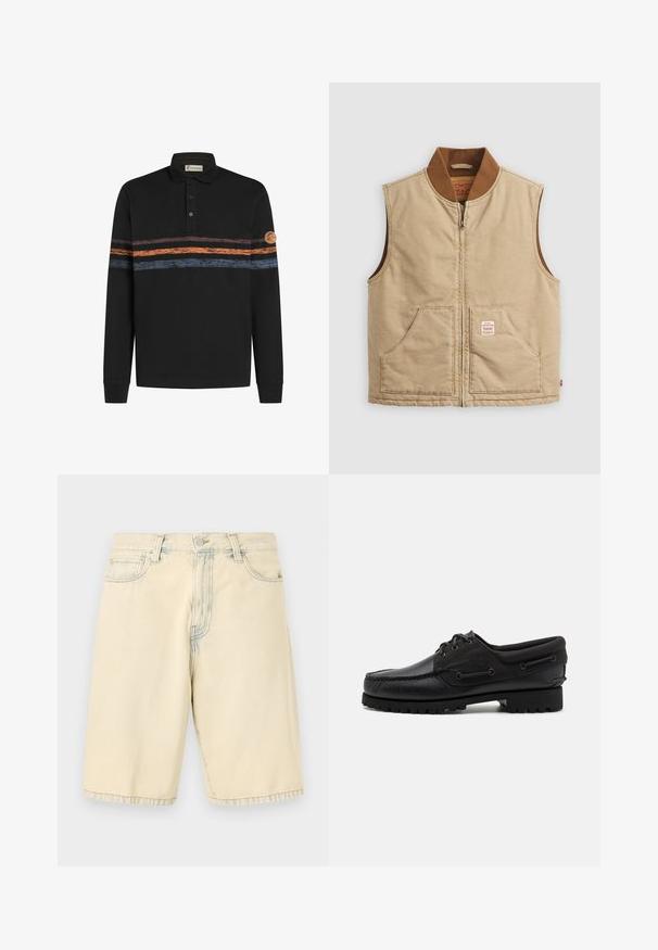Chaleco sin mangas beige con cremallera y cuello acanalado marrón, que cuenta con dos bolsillos frontales y una pequeña etiqueta en forma de parche en el bolsillo derecho.; Camisa polo negra de manga larga con un patrón de rayas horizontales texturizadas en naranja y azul, y un parche de logo en la manga izquierda.; Pantalones cortos de mezclilla beige con cierre frontal de botón y cremallera, trabillas para cinturón y dos bolsillos delanteros, mostrados planos sobre un fondo blanco.; Zapato negro con parte superior de cuero, acentos de textil, cordones redondos y suela de goma texturizada. Presenta costura de mocasín y detalle de marca.