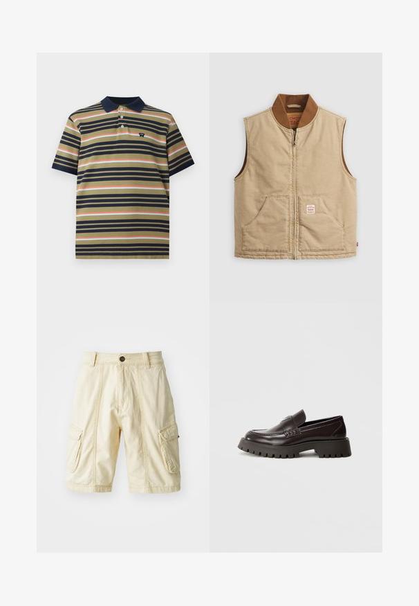 Beige ärmellose Zip-Weste mit braunem Rippkragen und zwei Fronttaschen, mit einem kleinen Patch-Label auf der rechten Tasche.; Kurzes Polohemd mit Navy-Kragen, olivfarbenem Grund und horizontalen Streifen in Marineblau, Koralle und Hellblau, ausgestattet mit kleinem Brustlogo.; Knielange Cargo-Shorts aus leichtbeigem Stoff mit Knopfverschluss, zwei großen Seitentaschen und sichtbaren Nähdetails.; Burgunderrote Leder-Loafers mit dicker Gummisohle, geflochtenem Akzent an der Vorderseite und geprägtem Logo an der Ferse. Glatte Textur, elegantes Design.