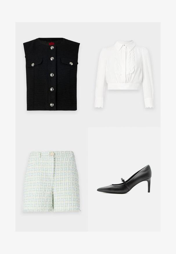 Sort, textured vest med rund halsudskæring, sølvfarvede trykknapper ned foran og to brystlommer. Glat inderfor.; Hvid croppede bluse med krave, bølget detaljering ned ad fronten og lange ærmer med bølget manchetter. Glat, letvægtsstof.; Tweed shorts i lyseblå og bleg gul med et struktureret rutemønster. Har en frontknaplukning og en skræddersyet pasform.; Sort læderspids højhælede sko med tynd rem og spænde over vristen, stående på en neutral lys baggrund.