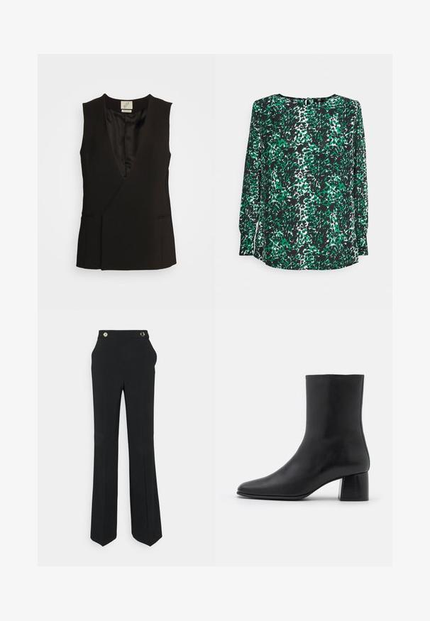 BITE Studios TUXE SLEEVELESS - Liivi - black; RIANI Pitkähihainen paita - green; Mustat housut suoran, levenevän lahkeen muotoilulla. Varustettu korkealla vyötäröllä, kahdella pyöreällä kultasävyisellä napilla ja sivutaskuilla. Sileä kangas.; Mustat nahkasaappaat nilkkakorkeudella, joissa on terävä kärki ja tukeva neliön muotoinen korko. Sileä pinta, saumaton muotoilu ja minimalistinen ommel.