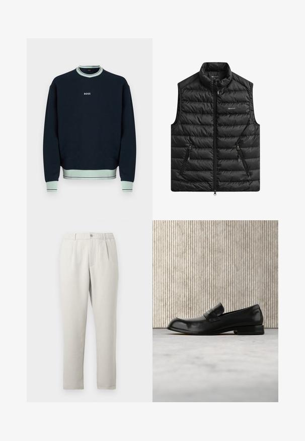 Veste matelassée noire avec un col montant, une fermeture éclair à l'avant et deux poches latérales. Présente un matelassage horizontal et un logo sur la poitrine.; Sweat-shirt bleu marine foncé avec col, poignets et ourlet côtelés bleu clair, présentant un petit logo blanc « BOSS » centré sur la poitrine.; Pantalon beige clair à coupe décontractée avec une légère brillance, doté d'une taille élastique, de poches avant et d'une coupe fuselée.; Mocassin en cuir noir avec un accent métallique, présenté en lévitation au-dessus d'un tapis beige, avec une table ronde de couleur ambre en arrière-plan.