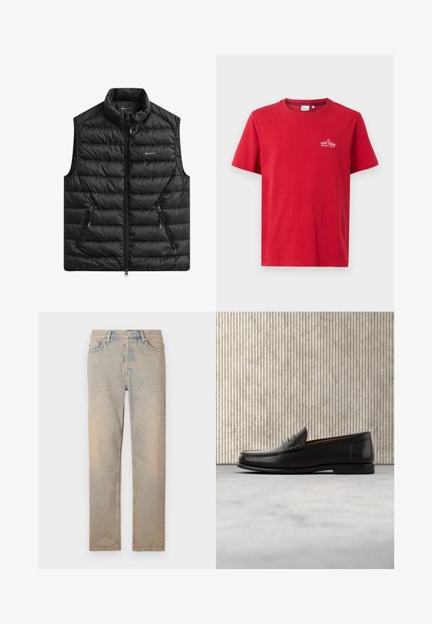 Sort polstret vest med høj krave, lynlås foran og to sidelommer. Har vandret quiltning og et logo på brystet.; Pepe Jeans THIAGO TEE - T-shirts print - rugby red; Lys beige denim jeans med lige snit. Har fem lommer, en knaplukning og diskret falmning langs stoffets overflade.; Sort læder penny loafer med lav hæl, rundet tå og syningsdetaljer langs fronten og siderne, vist på neutral baggrund.