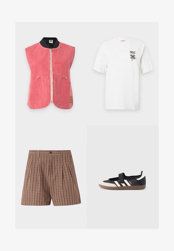Veste sans manches rose délavé avec fermeture éclair, poches avant, col côtelé noir et petit patch logo rectangulaire sur le bas à droite.; T-shirt en coton blanc à manches courtes, à col rond, avec un trèfle noir brodé et du texte sur la partie gauche de la poitrine.; Shorts marron à carreaux pour hommes avec bouton à l'avant et passants pour ceinture, présentant un motif à carreaux classique.; Baskets noires et beiges avec une bride en velcro, trois bandes blanches sur le côté, et une semelle en caoutchouc marron texturée. Logo de la marque visible.