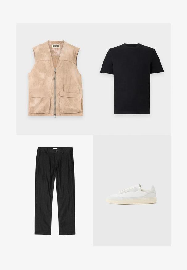 Chaleco utilitario beige sin mangas con cremallera frontal, dos grandes bolsillos con solapa y un sutil logo de texto en el bolsillo inferior derecho.; Camiseta negra de manga corta con cuello redondo, mostrada extendida sobre un fondo gris claro.; Pantalones negros de corte recto para hombre con botón frontal, bragueta con cremallera y bolsillos laterales, mostrados planos sobre fondo blanco.; Zapatilla blanca con parte superior texturizada de ante y cuero. Presenta una puntera redondeada, cierre con cordones y suela de goma beige contrastante.