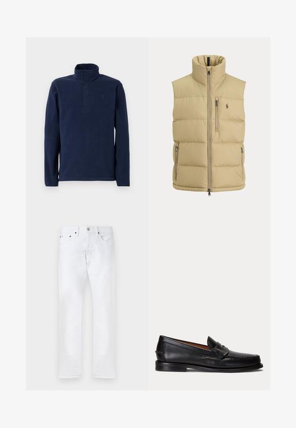 Chaleco acolchado beige con cuello alto, cremallera frontal, un bolsillo con cremallera en el pecho, dos bolsillos laterales con cremallera y pequeño logo bordado en el pecho.; Jersey polar azul marino con cuello alto y tapeta con cuatro botones. Cuenta con mangas largas y un pequeño logo en el pecho. Textura suave.; Pantalones vaqueros blancos ajustados con cinco bolsillos, cierre de botón y trabillas para cinturón, mostrados planos sobre un fondo blanco.; Mocasín negro de cuero con tacón bajo y detalle de correa para moneda, mostrado de lado sobre un fondo gris claro.