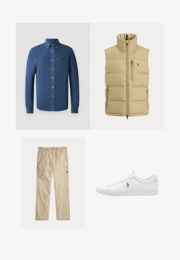 Beige toppaliivi korkealla kauluksella, edessä vetoketju, yksi rintatasku vetoketjulla, kaksi sivutaskua vetoketjulla ja pieni kirjailtu logo rinnassa.; Sininen pitkähihainen nappipaita, joka on valmistettu pehmeästä kankaasta. Paidassa on muotoiltu kaulus ja rintataskussa yksi brodeerattu logo.; Beiget puuvillaiset housut, joissa kirjailtuja kuvioita, kuten puita ja vuoria, napillinen kiinnitys ja vyölenkit.; Valkoinen kangaslenkkari matalalla muotoilulla, jossa on beige kantapää ja pieni brodeerattu logo sivulla. Kumipohja.
