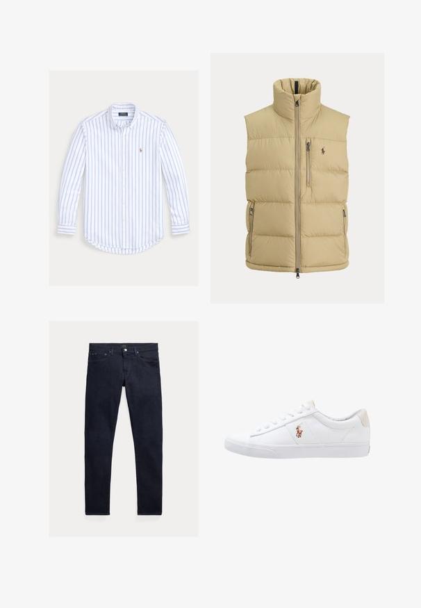Beige gewatteerd vest met hoge kraag, ritssluiting aan de voorkant, één borstzak met rits, twee zijritszakken en klein geborduurd logo op de borst.; Overhemd met lange mouwen en knopen, lichtblauwe verticale strepen en een klein geborduurd logo op de linkerborst.; Donkerblauwe spijkerbroek met een slanke pasvorm. Voorzien van vijf zakken, een ritssluiting en een metalen knoopsluiting. Soepele textuur met minimale vervaging.; Witte canvas sneakers met een laag ontwerp, featuring een beige hieltab en een klein geborduurd logo aan de zijkant. Rubber zool.