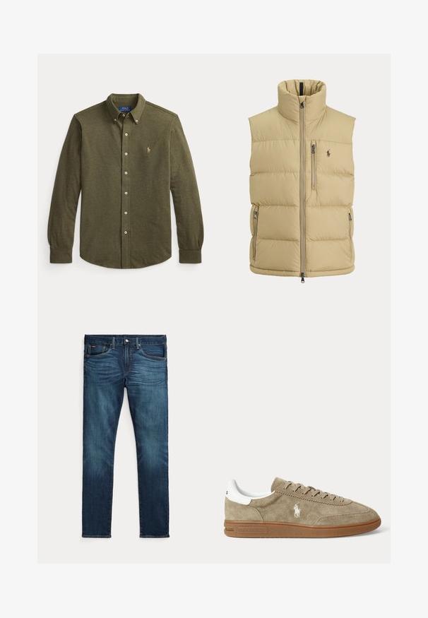 Beige dunvest med høj krave, lynlås foran, en brystlomme med lynlås, to sidelommer med lynlås og lille broderet logo på brystet.; Langærmet olivengrøn skjorte med knapper, krave og lille broderet logo på venstre bryst.; Mørkeblå slim-fit jeans med frontknap og lynlås, fem lommer og subtil falmen på forreste lår og knæ.; Beige lavskoet ruskindesneaker med brun sål, hvid hældetalje, snørebånd og en hvid broderet polospillerlogo på siden.