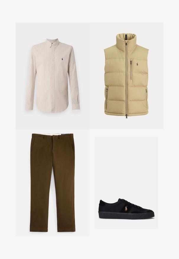 Chaleco acolchado beige con cuello alto, cremallera frontal, un bolsillo con cremallera en el pecho, dos bolsillos laterales con cremallera y pequeño logo bordado en el pecho.; Camisa de manga larga a rayas en crema y marrón claro, con cuello abotonado y un pequeño logotipo en navy en el pecho.; Pantalones chinos de algodón marrón con un acabado suave, frente plano, bolsillos laterales y piernas rectas. Presentan un detalle sutil de costura a lo largo de los bajos.; Zapatillas negras con parte superior de tela y ante, puntera redondeada, suela de goma plana y logo bordado en el lateral. Diseño de cordones con seis ojales.